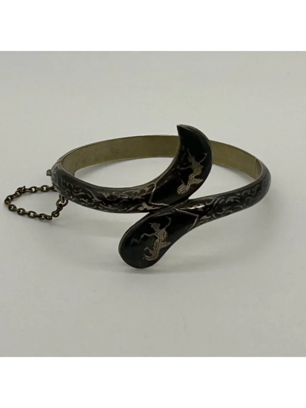 Vintage Siam Niello Bangle Bracelet Thai Black Enamel Hinged Chain Closure